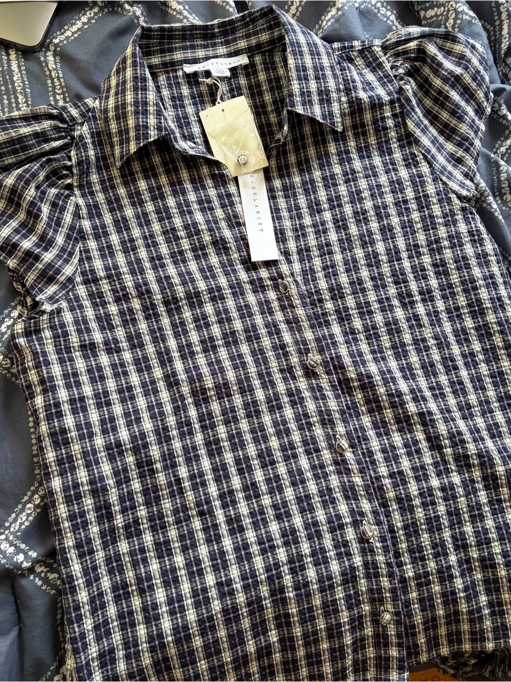 Womens Navy Plaid Button-Up Poplin Shirt - Puff Sleeve